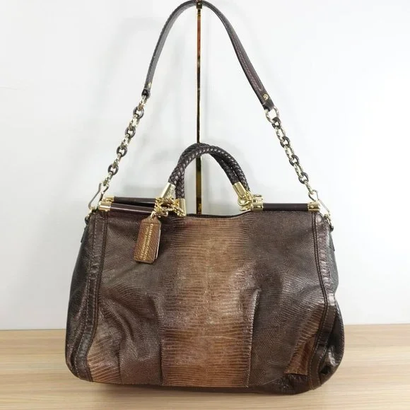 VINTAGE Coach Bag Brown Leather Shoulder Lizard Chain RARE 70TH ANNIVERSARY - Picture 2 of 16